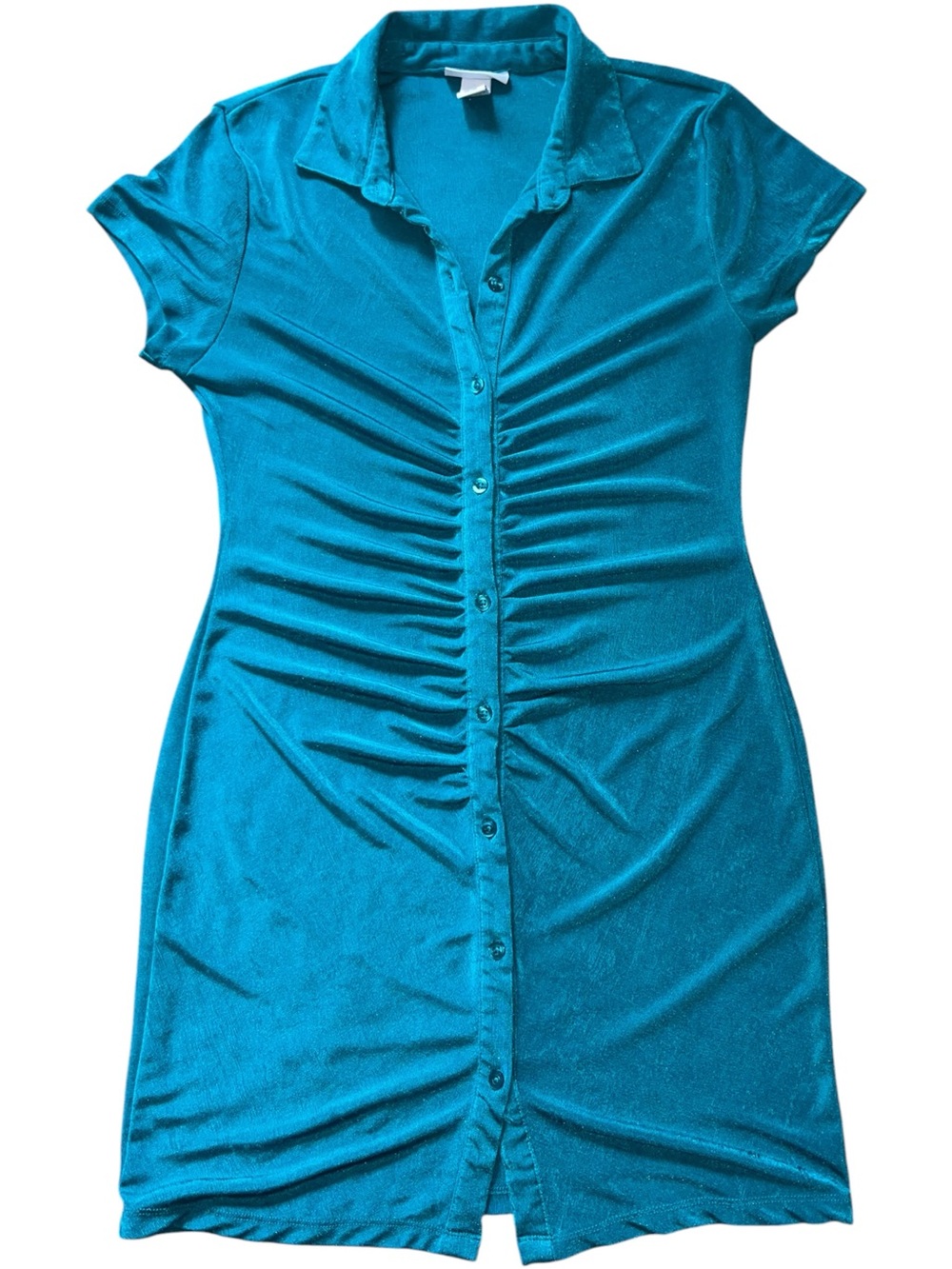 Ruched Button-Front Mini Dress in Teal